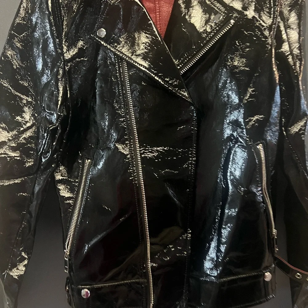 Mens Zara Black Patent Leather Jacket with Red Accents - Size small